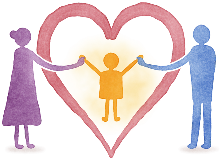 Illustrazione ad acquerello: una madre e un padre tengono per mano un bambino, all’interno di un cuore